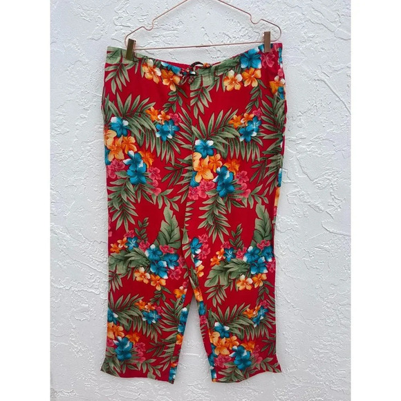 White Stag Womens Drawstring Slacks Tropical Floral Pants Red Sz XL 16/18 - Picture 1 of 11
